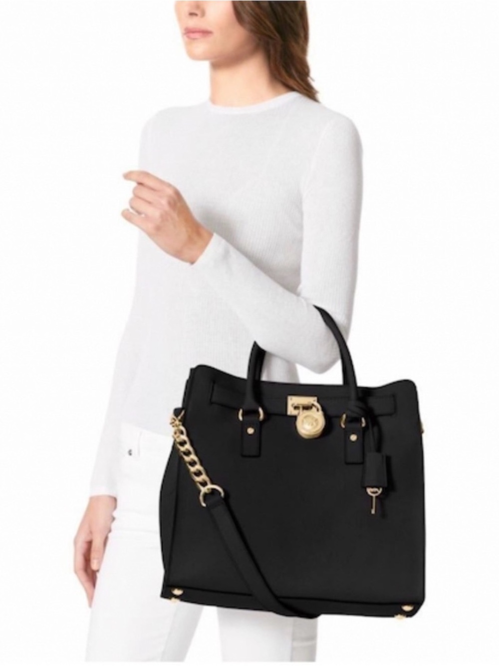 Michael Kors Black Leather Tote with Gold-Tone Hardware